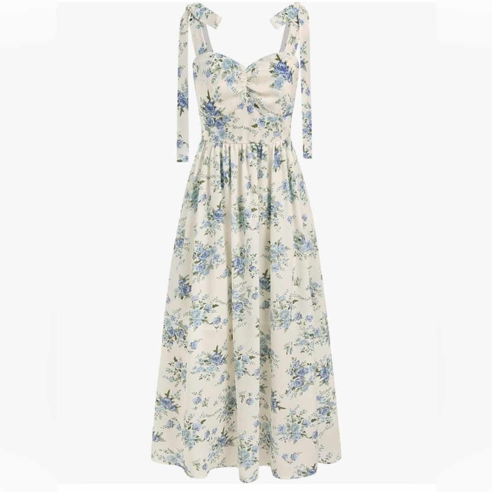 CIDER Santorini Beach Vacation V-Neck Bowknot Floral Ruffle Hem Midi Dress